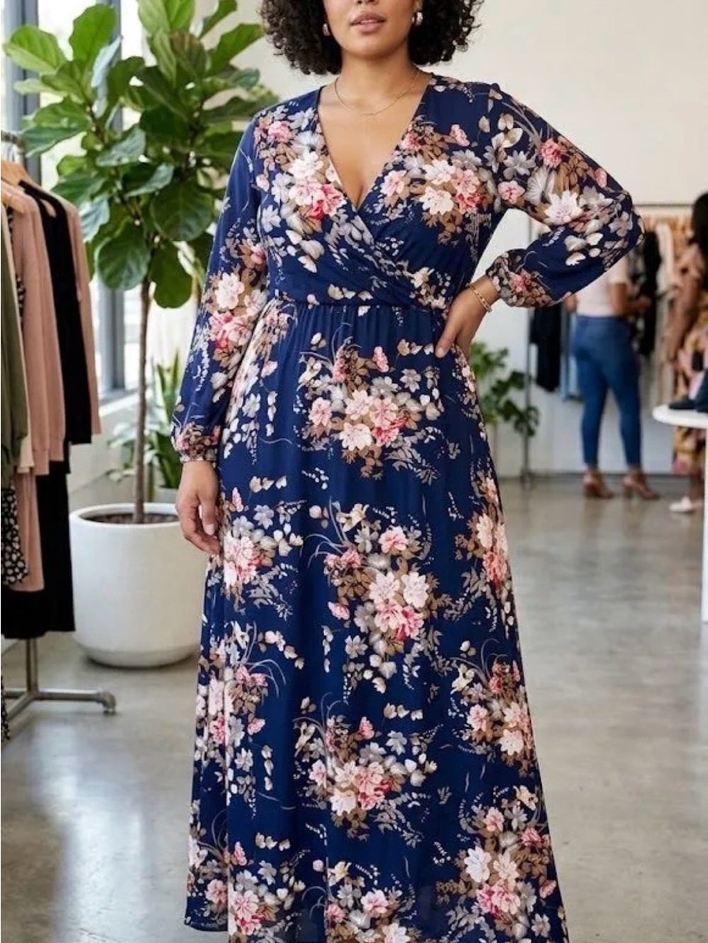 SHEIN Navy Blue Floral Wrap Maxi Dress